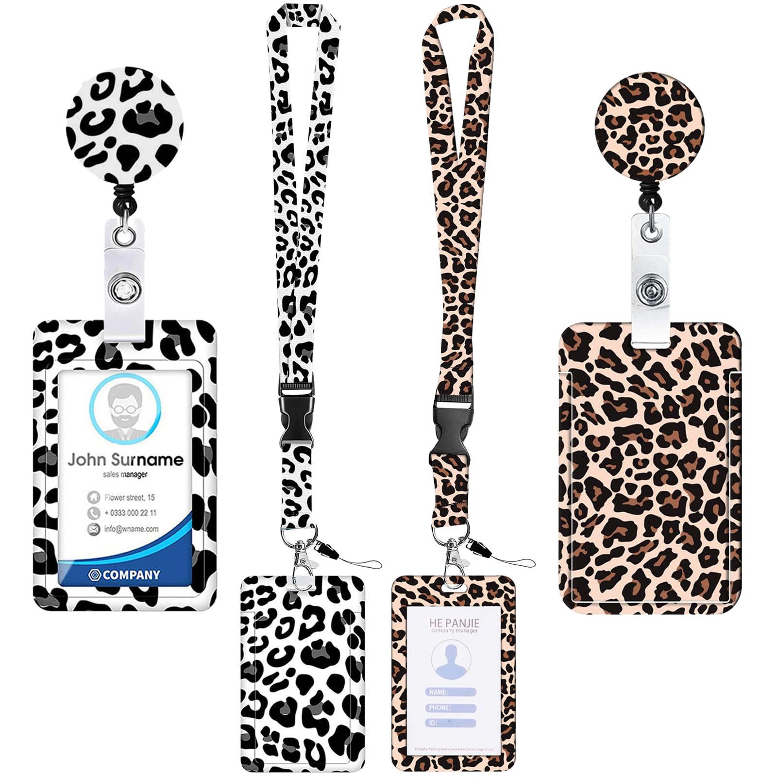DAVBNM 2 Pcs Leopard Print Lanyard with Card Holder for Neck, Badge Holder, with Retractable Badge Reel Carabiner Clip+Detachable Lanyard Strap Vertical Card Protector for Worker Nurse Teacher Student