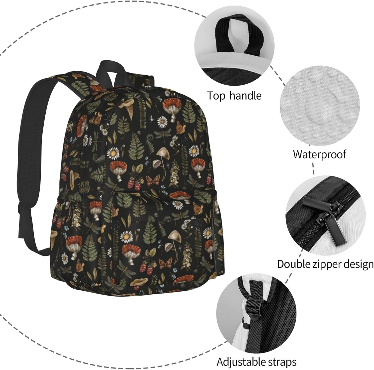 SUPLUCHOM School Backpack Vintage Magic Mushroom Leaf Forest Casual Daypack Men Women Polyester Laptop Bag with Side Pockets Bookbag for Travel Hiking Work Student Over 3 Years Old Kids