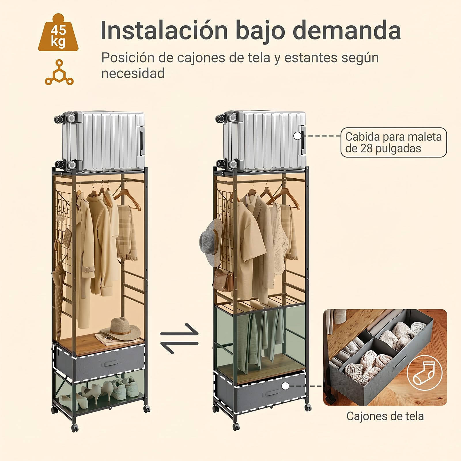 SoBuy Perchero plegable con ruedas & cajón de tela, 60,5x32,5x175 cm | Con portaequipajes & estantes de montaje flexible, para dormitorio pasillo, montaje sin herramientas, Negro, KLS23-SCH