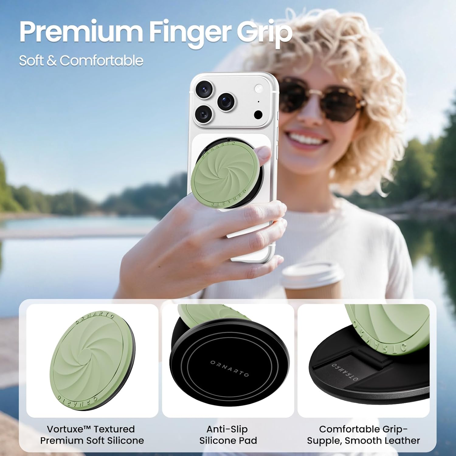 ORNARTO Vortuxe for MagSafe Phone Grip with Kickstand, Soft Liquid Silicone Finger Loop Grip, Phone Ring Holder for Back of Phone, Premium Build & Comfy Touch, Matcha - Image 2