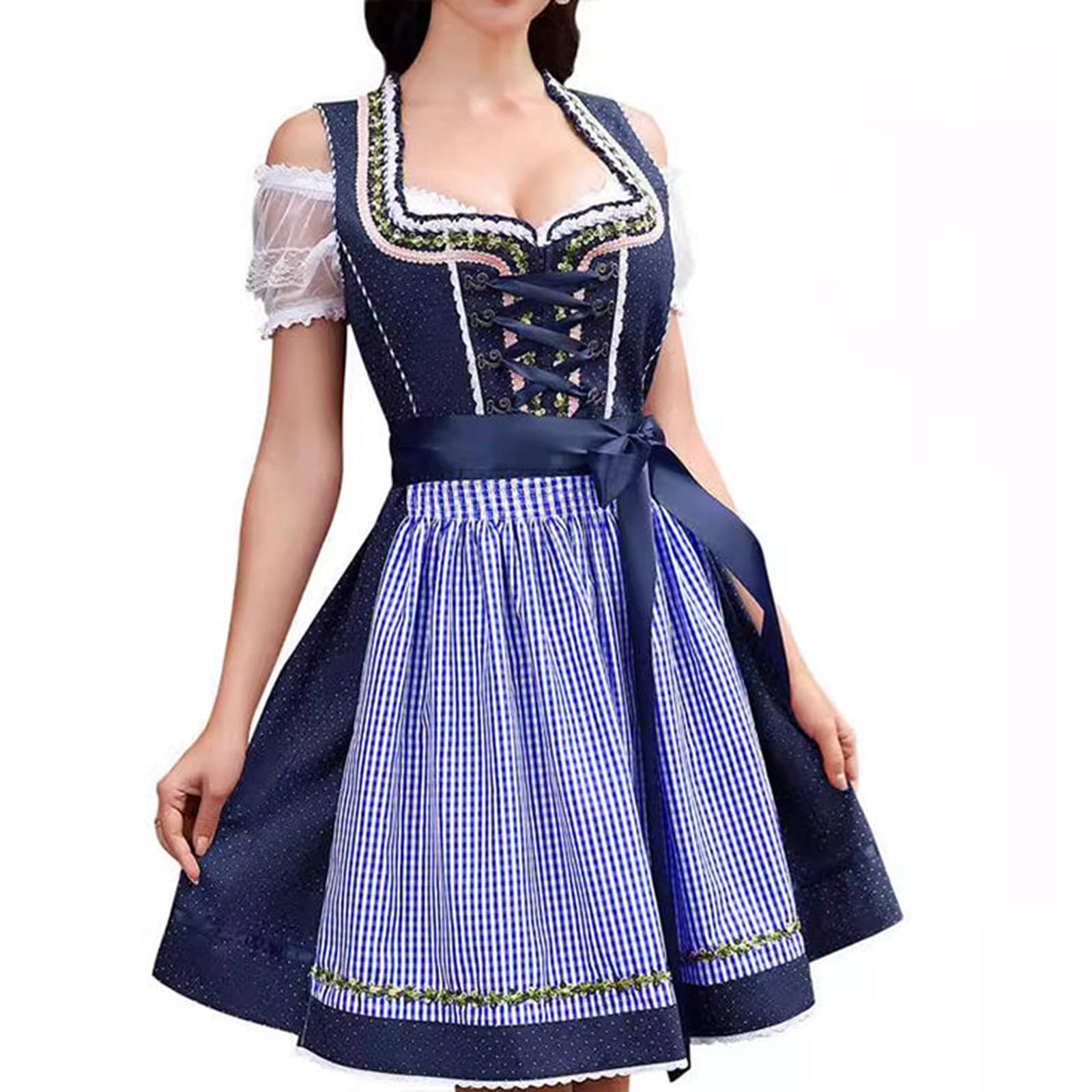 Oktoberfest - Costume tradizionale bavarese da donna, vestito Dirndl tedesco, taglie forti, grembiule scozzese, carnevale, Halloween, cosplay, giochi di ruolo, vestito Dirndl a quadri (203-C, XXXL=44) โ image 1