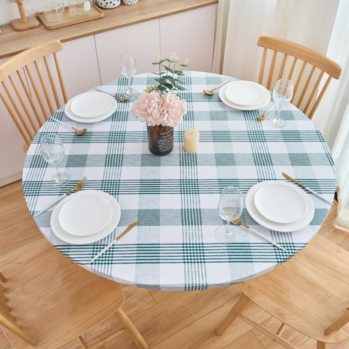 NLMUVW Round Fitted Vinyl Tablecloth with Elastic Edge 100% Waterproof Oil Proof PVC Table Cloth Wipe Clean Table Cover for Indoor and Outdoor, Green Check, 45"- 56" โ image 1
