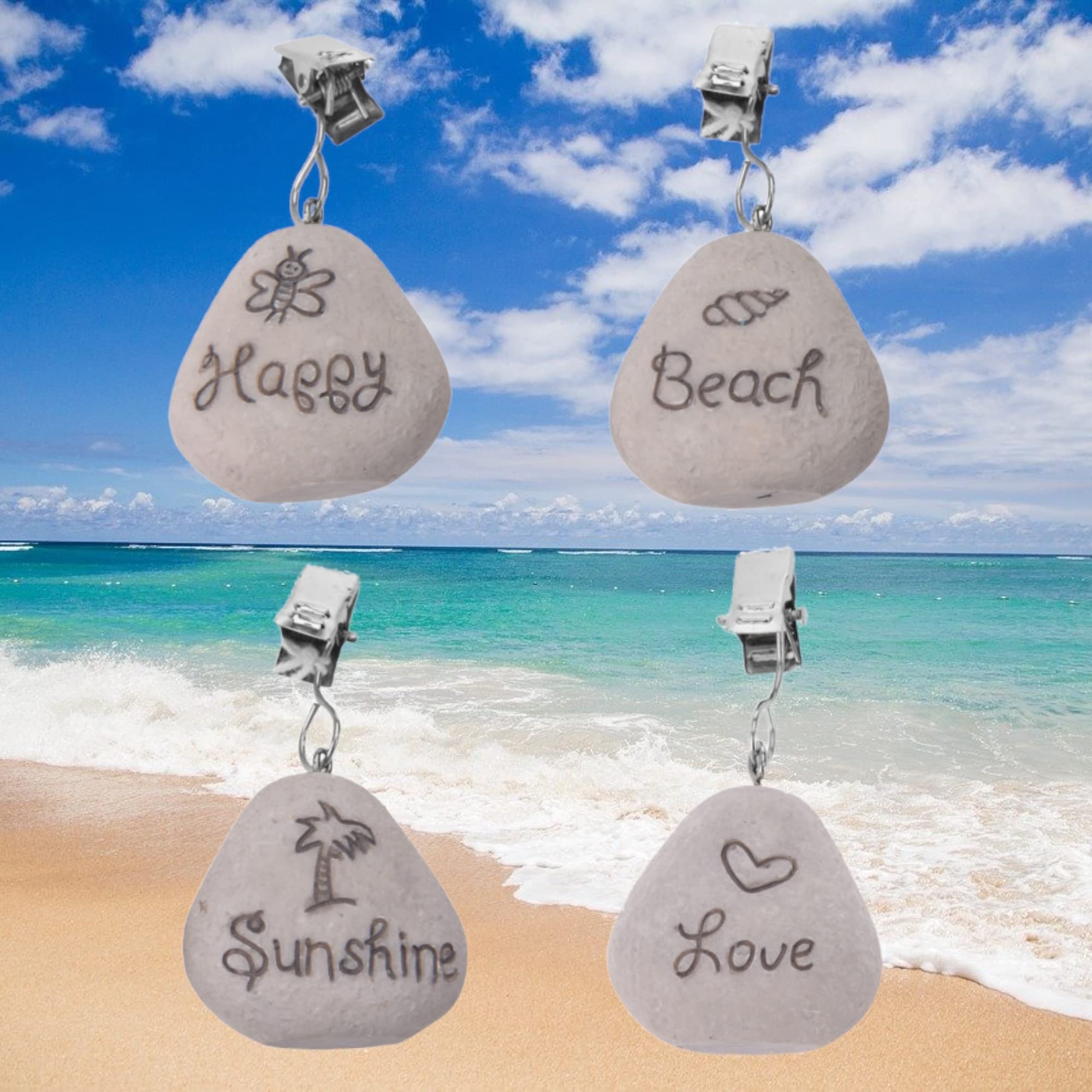 4-częściowy zestaw obciążników do obrusu z funkcją zaciskania – obciążniki obrusu – uchwyt na obrus na nakryty stół ogrodowy (kamienie Love Happy Beach Sunshine)
