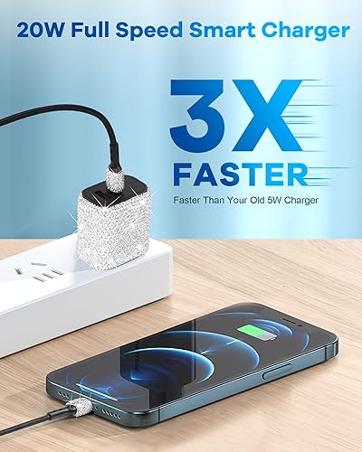 Miniatura 3 de Cargador rápido para iPhone, certificado Apple MFi Cargador de pared USB C brillante de 20 W PD + adaptador QC de doble puerto con cable Lightning