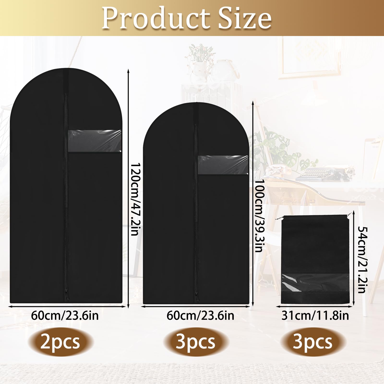 Lot De 5 Housses De Vêtements à Suspendre Noir - 100x60cm & 120x60cm Avec Zip, Protection Anti-Poussière Pour Costumes, Robes, Manteaux Et Voyage