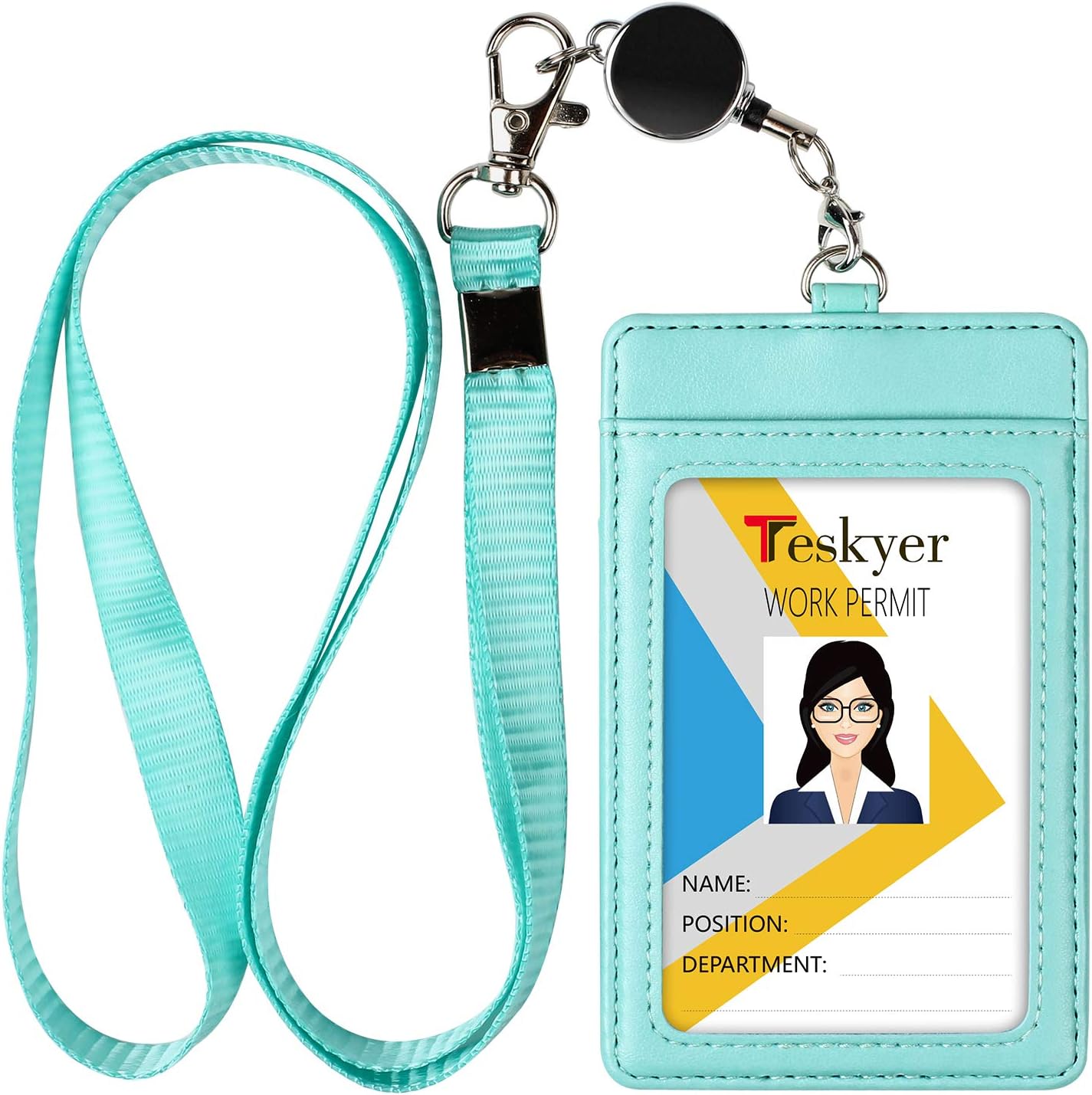 Teskyer Leather Badge Holder with Lanyard and Badge Reel, Retractable Lanyard ID Card Holder for Office School Name Work IDs, Green