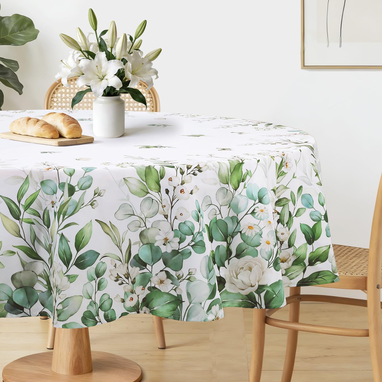 hometrixx Spring Round Table Cloth Eucalyptus Leaf Washable Polyester Oil-proof Tablecloth Stain Wrinkle Resistant Table Cover for Baby Shower Party Kitchen Decor, 152 cm Round Sage Green