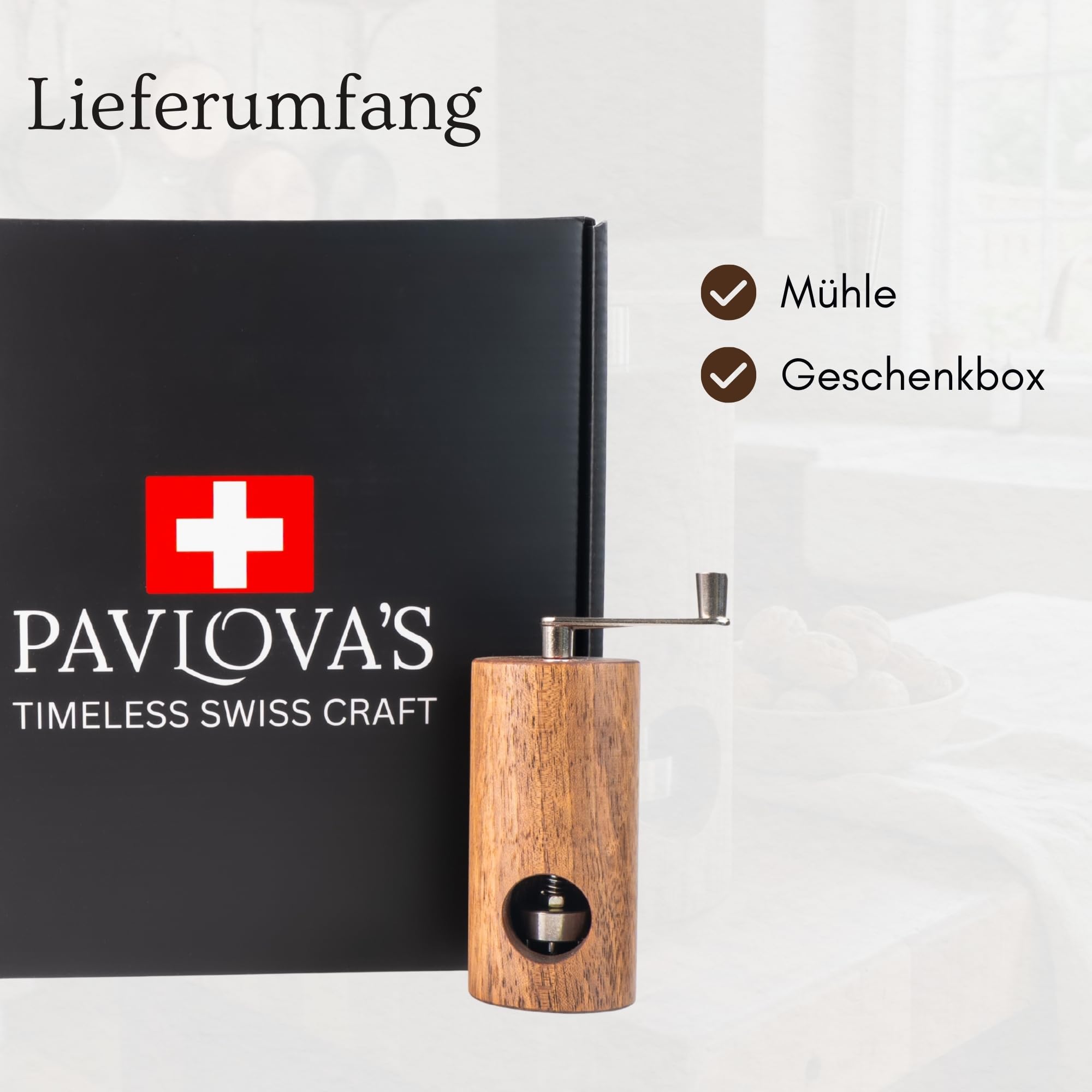 PAVLOVA'S Muskatmühle aus Walnussholz - Handgefertigt in der Schweiz mit Präzisionsmahlwerk - Manuelle Muskatnussmühle für feines Mahlen - Geschenkbox - Limited Edition