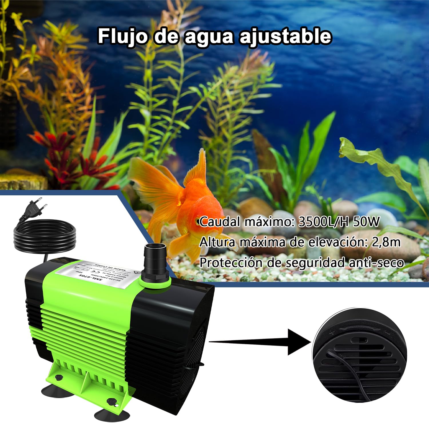 Lnicez Bomba de Agua Sumergible - Potente Bomba Pequeña (50W 3500L/H) Bomba de Agua Acuario con 2.8 m de Altura de Elevación, 5 Boquillas para Fuentes de Pared,Tubble,Acuario Cable-1.8 M (Talla) — view 2