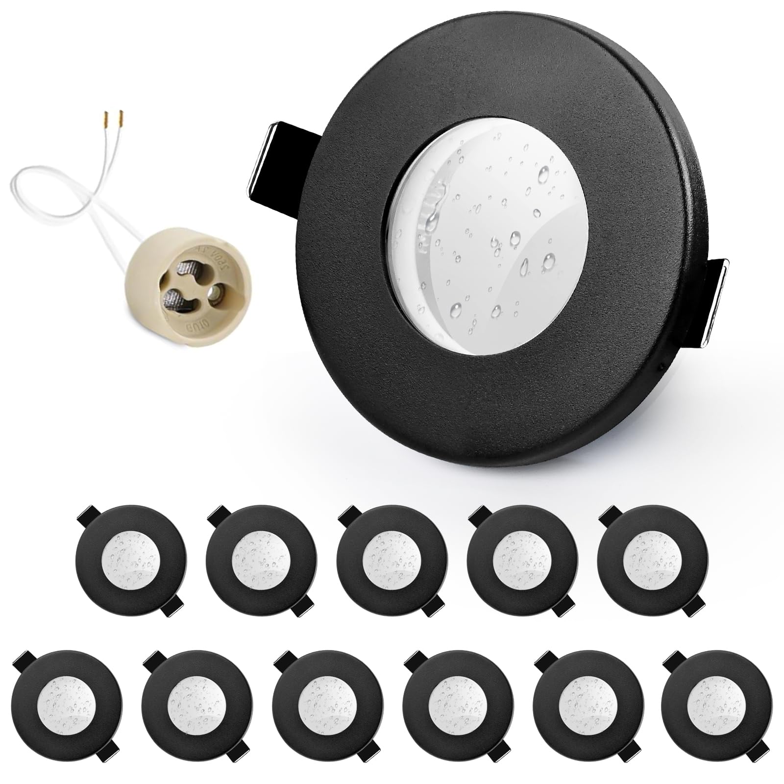 GeyouLux 12er set Einbaustrahler Rahmen IP65 inkl GU10 Fassung, LED Spot Eisen Schwarz Badezimmer Einbaurahmen Rund Flach Einbauspots Spots 68mm lochmass für Aussen- Innen