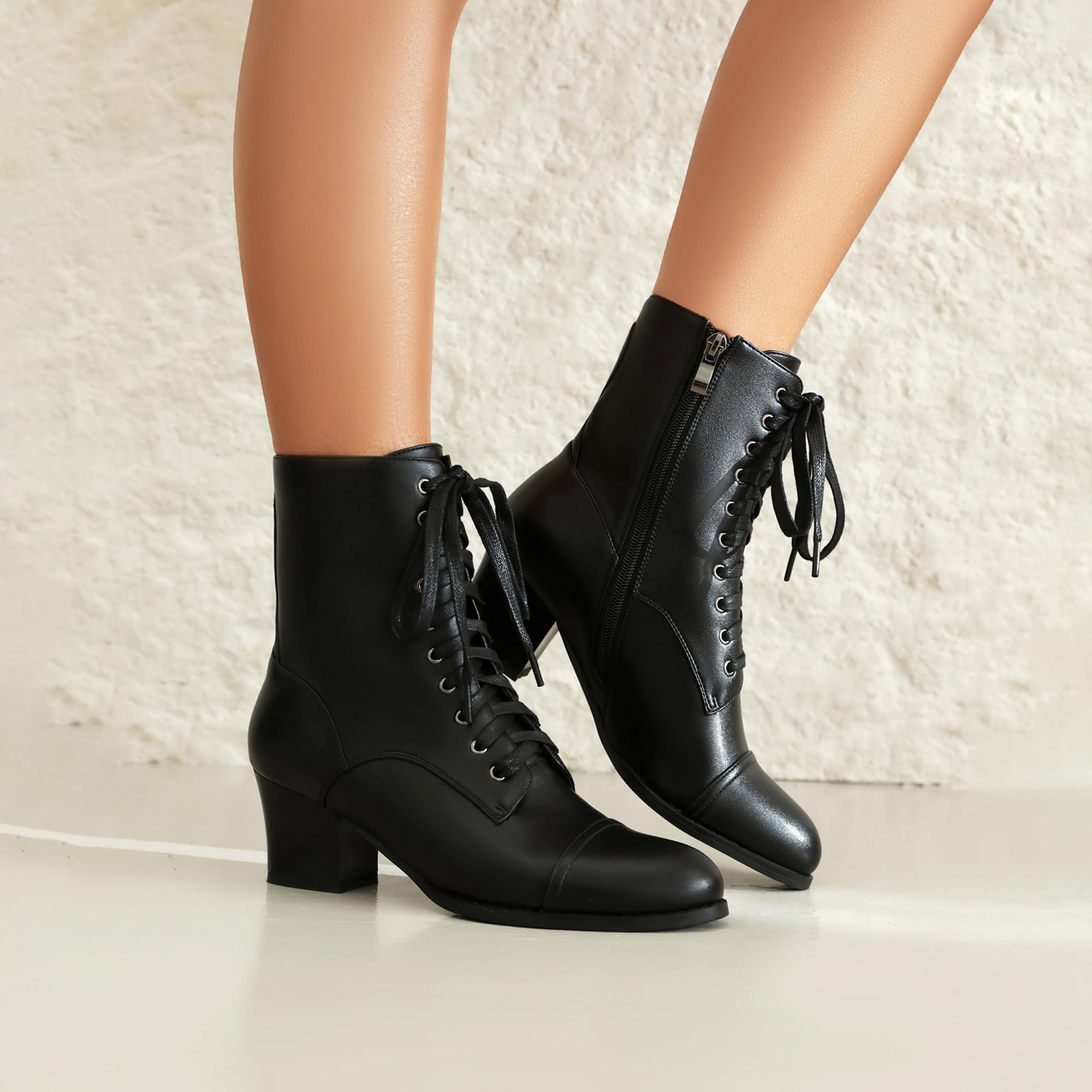 Damen Viktorianische Stiefel Kurzschaft Knöchel Stiefel Schnüren Stiefeletten for Damen Side Reißverschlussper Block Chunky Mid Heel