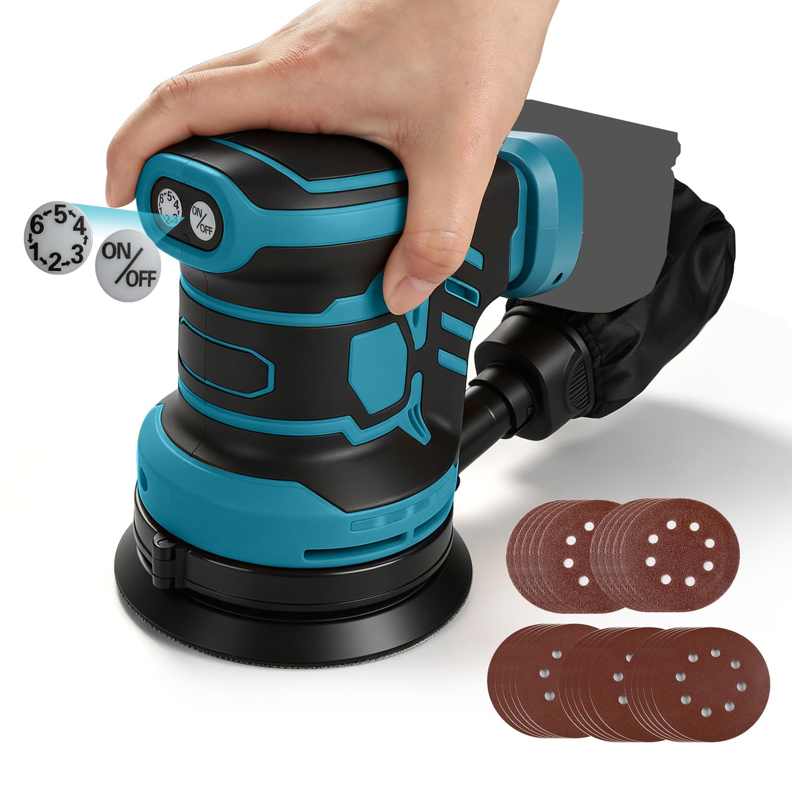 Brushless Random Orbital Sander Compatible with Makita 18V, 125mm Brushelss Electric Random Palm Sander with 25pcs Sandpaper, 6-Speed Rotation Max 21000RPM (Blue for Makita)