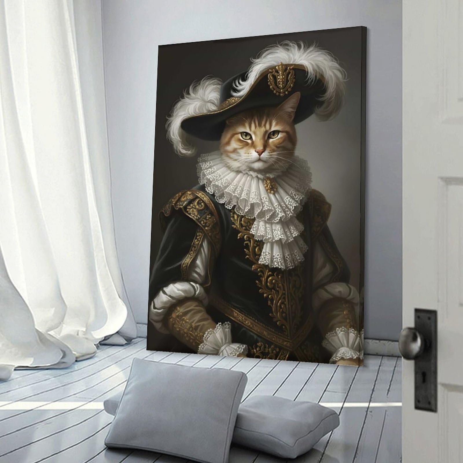 Junmoney Frame-Style-7 Cat Portrait In Renaissance Attire Wall Decor Canvas Print, 24X36inch(60X90cm), For Flats, Guest Rooms Or Compact Rooms, A Simple Refresh For Blank Walls