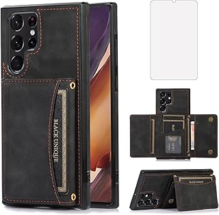 NKECXKJ Design for Samsung Galaxy S22 Ultra Wallet Case with Tempered Glass Screen Protector PU Leather Credit Card Holder Slot Phone Cases Kickstand Shockproof Protective Cover for Men 6.7 inch Black