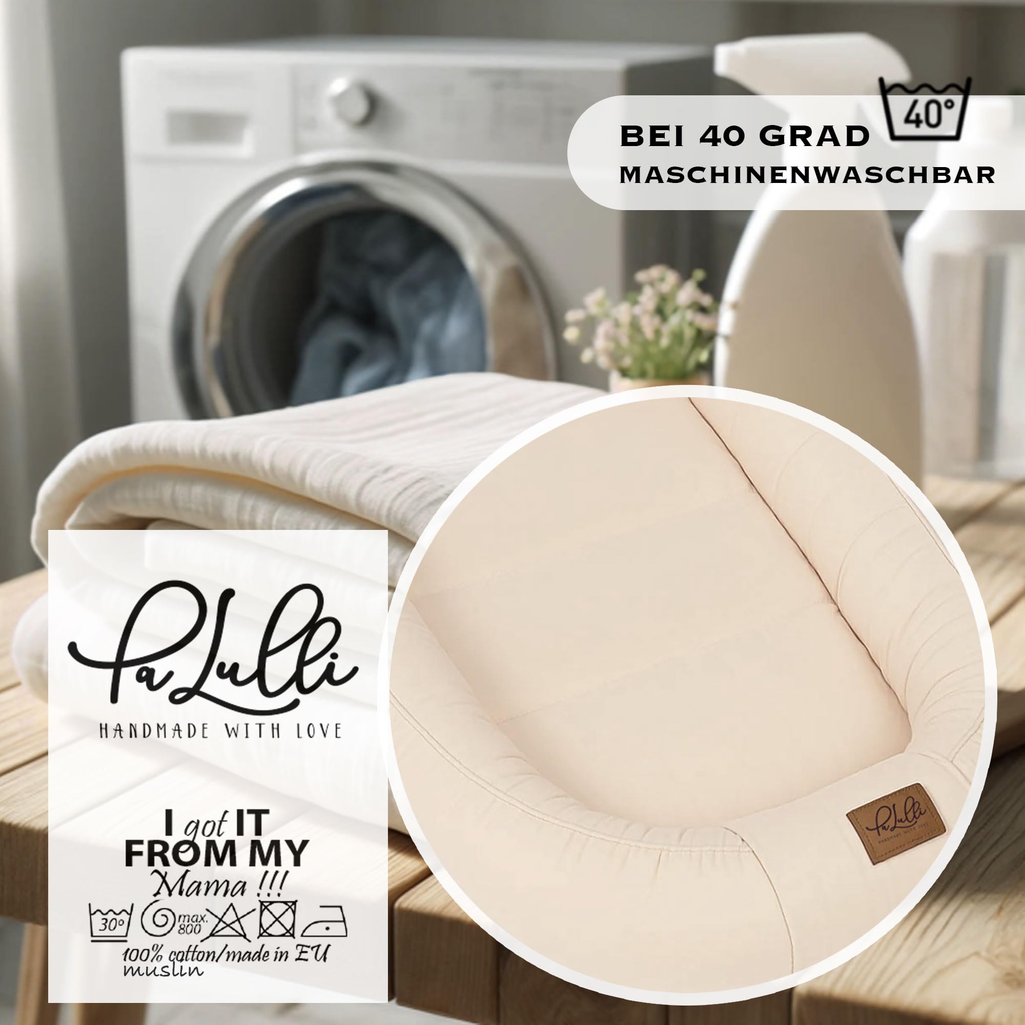 PaLulli Nido extra grande para bebé de 100 x 60 cm, algodón, reversible, reversible, hecho a mano, transpirable y seguro (beige)