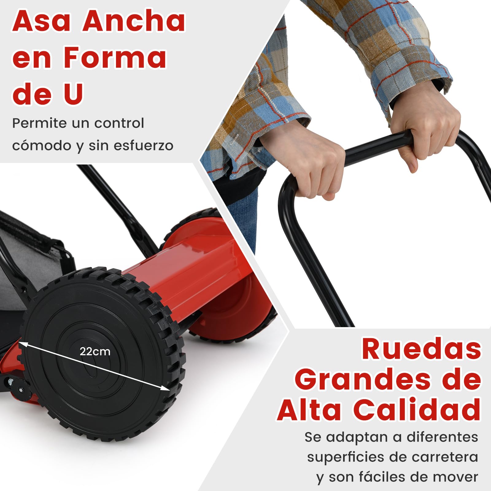 GOPLUS Cortacésped Manual con Bolsa de Recogida de 18,5L, Cuchilla Afilada, Altura de Corte Ajustable, Mango en Forma de U, Ruedas Grandes, Cortacésped Portátil para Césped, Jardín, Granja