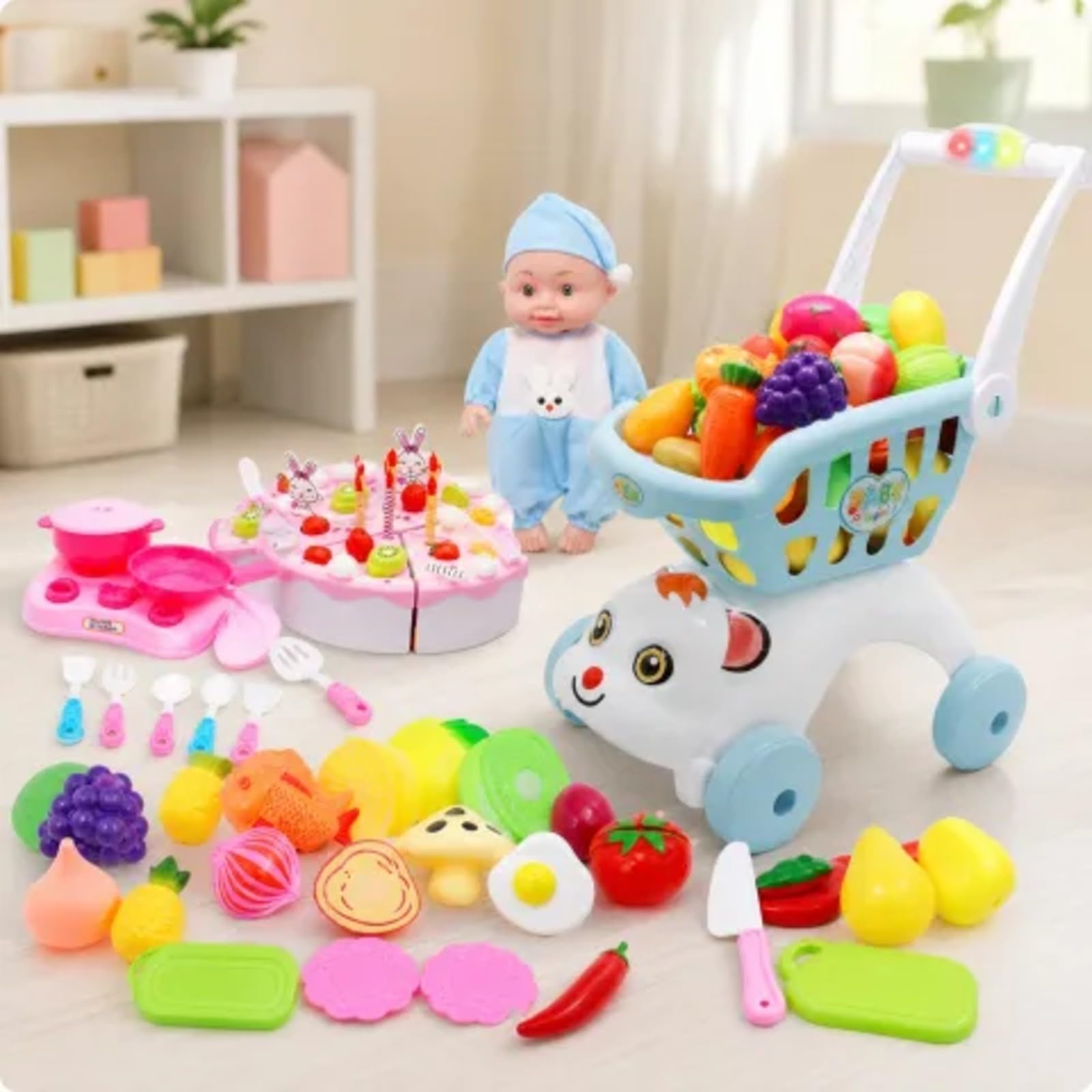 Carrello Spesa Giocattolo Sicuro Carrello Giocattolo con Prodotti Ortofrutticoli Finte Idea Regalo per Bambini, Gioco al Chiuso,