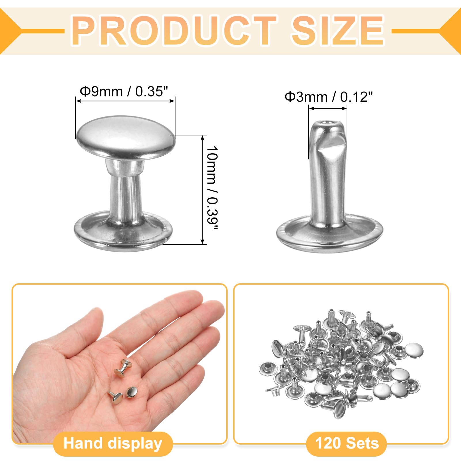 uxcell 120Set Leather Rivets, 9mm Double Cap Rivet Tubular Metal Studs Repairs Decoration Craft Accessories for Repair Decorate Leather Craft Belt Bag Shoes Purse Belts, Silver