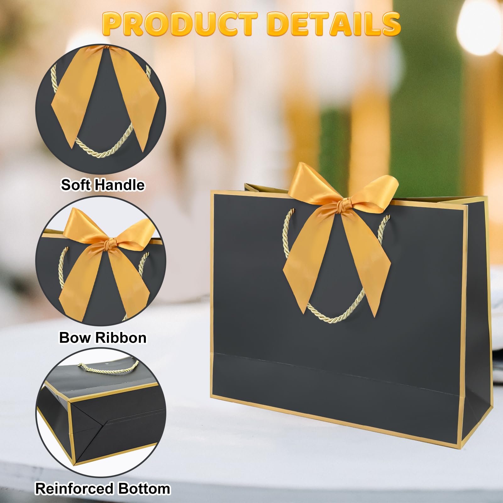 20PCS Black Gift Bags with Handles, 7.5x5.9x2.7Inches Welcome Bag Return Gifts with Handles, Birthday Gift Bags with Ribbon, Greeting Cards for Wedding Baby Shower Bridesmaid Party Gift (Black-Gold)