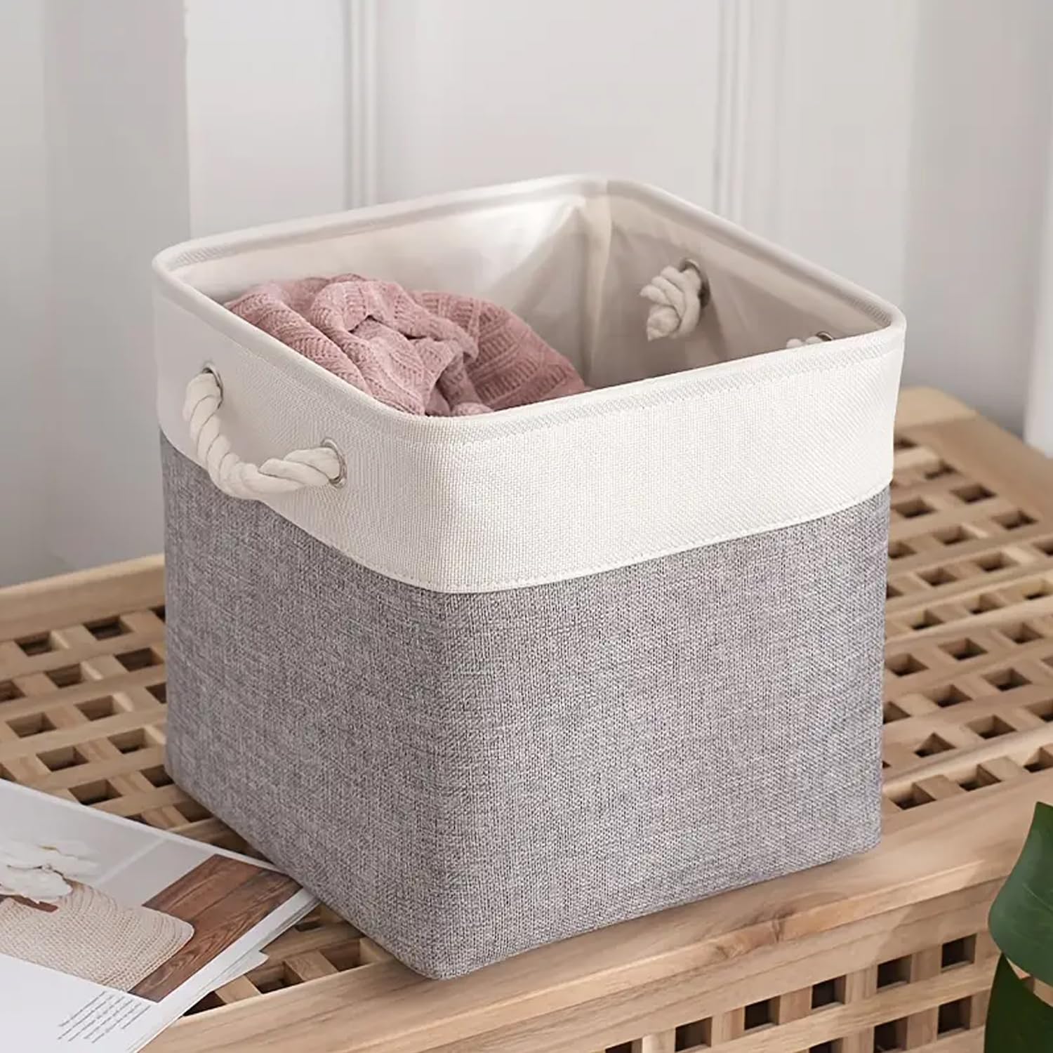 Kuber Industries Foldable Storage Basket|Polyester Toy Storage Bin|Wardrobe Organizer For Clothes (Grey & White)-picture-10