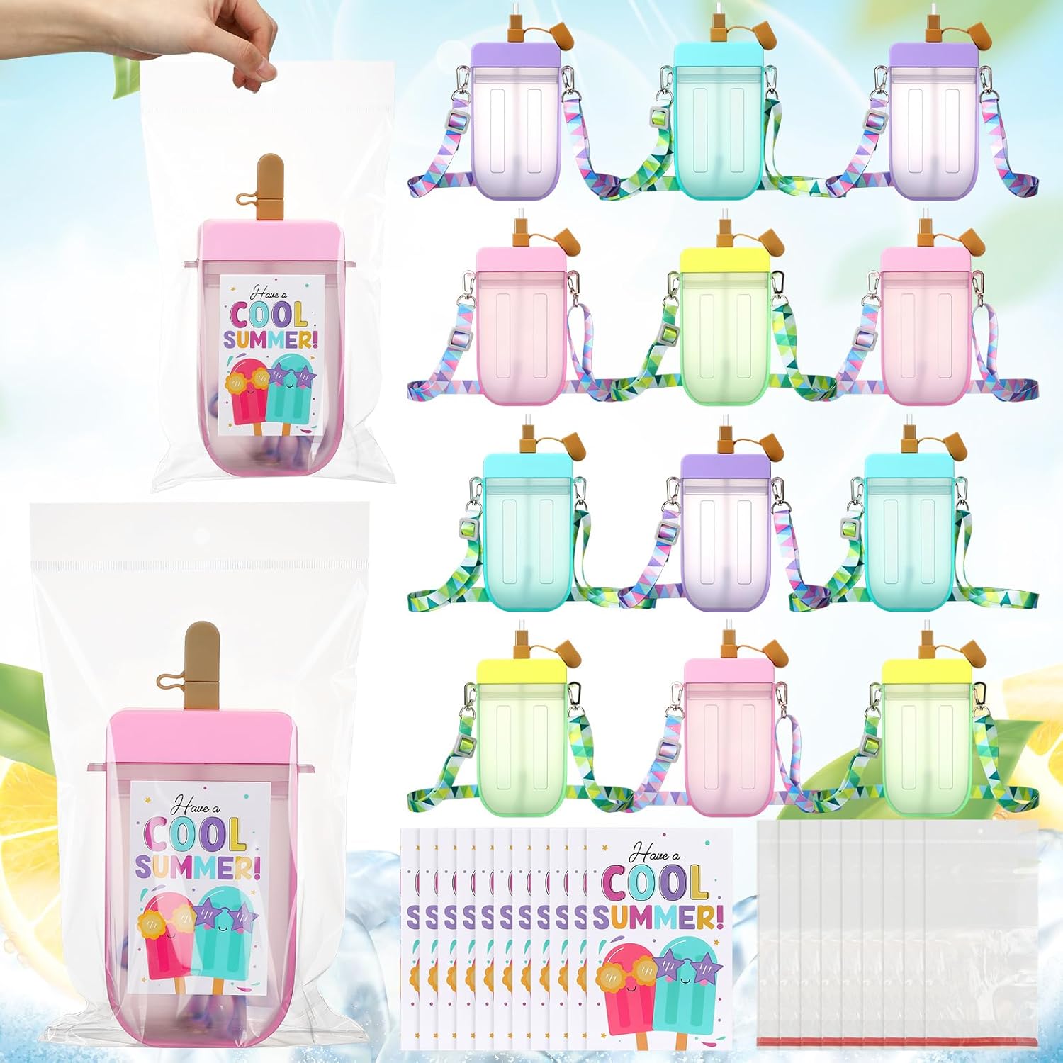 12 Set/36 Pcs End of Year Students Gift from Teacher Ice Cream Water Bottle with Strap and Cards Summer Graduation Student Class Gifts for Classroom Prizes Summer Party