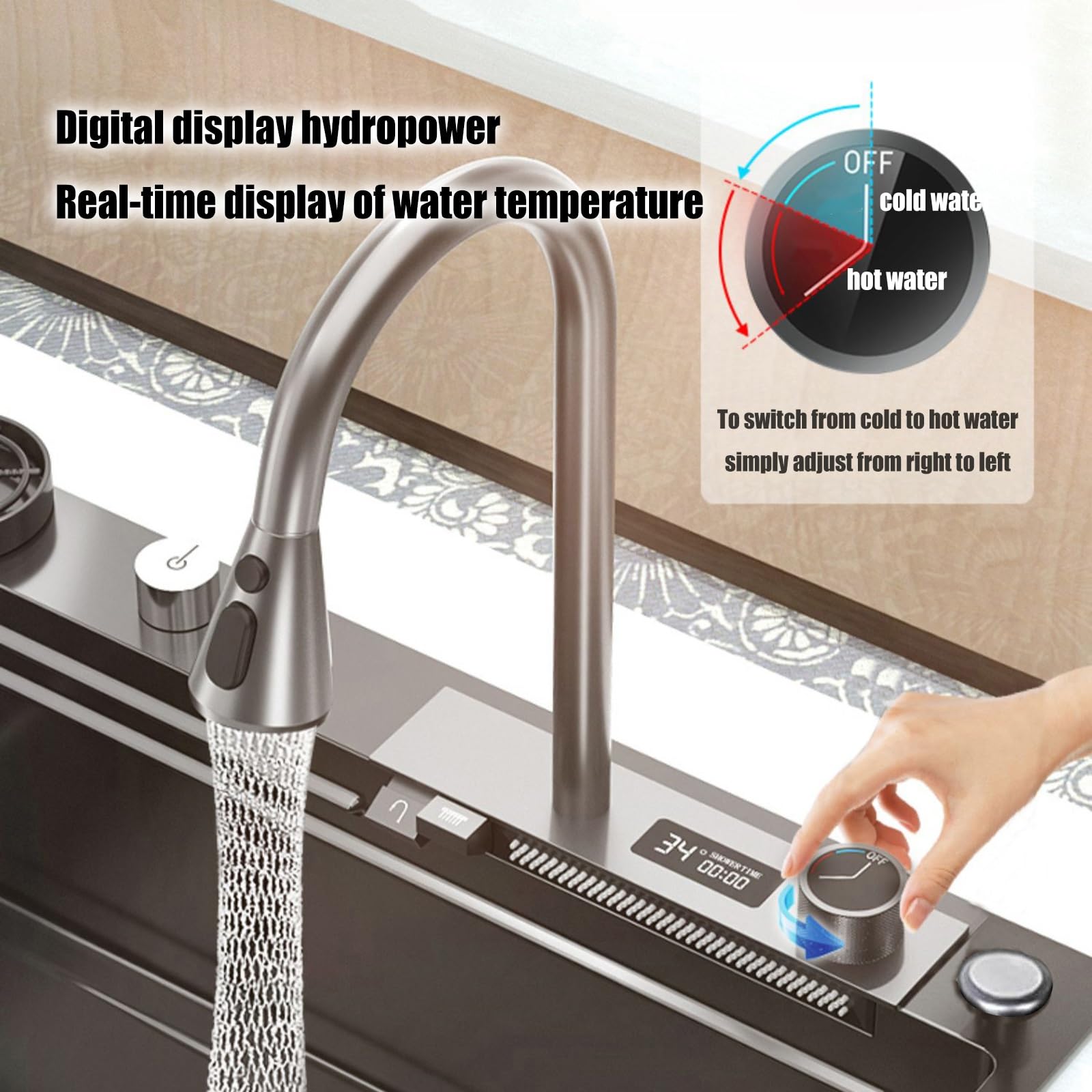 Lavello da Cucina Lavello a Cascata Nano Raindance,con Dispaly Digitale, Lavello Nano-Coated Workstation Lavello,con Pull-out Rubinetto E Tazza Washer Easy-to-Clean (Size : 80 * 45cm)