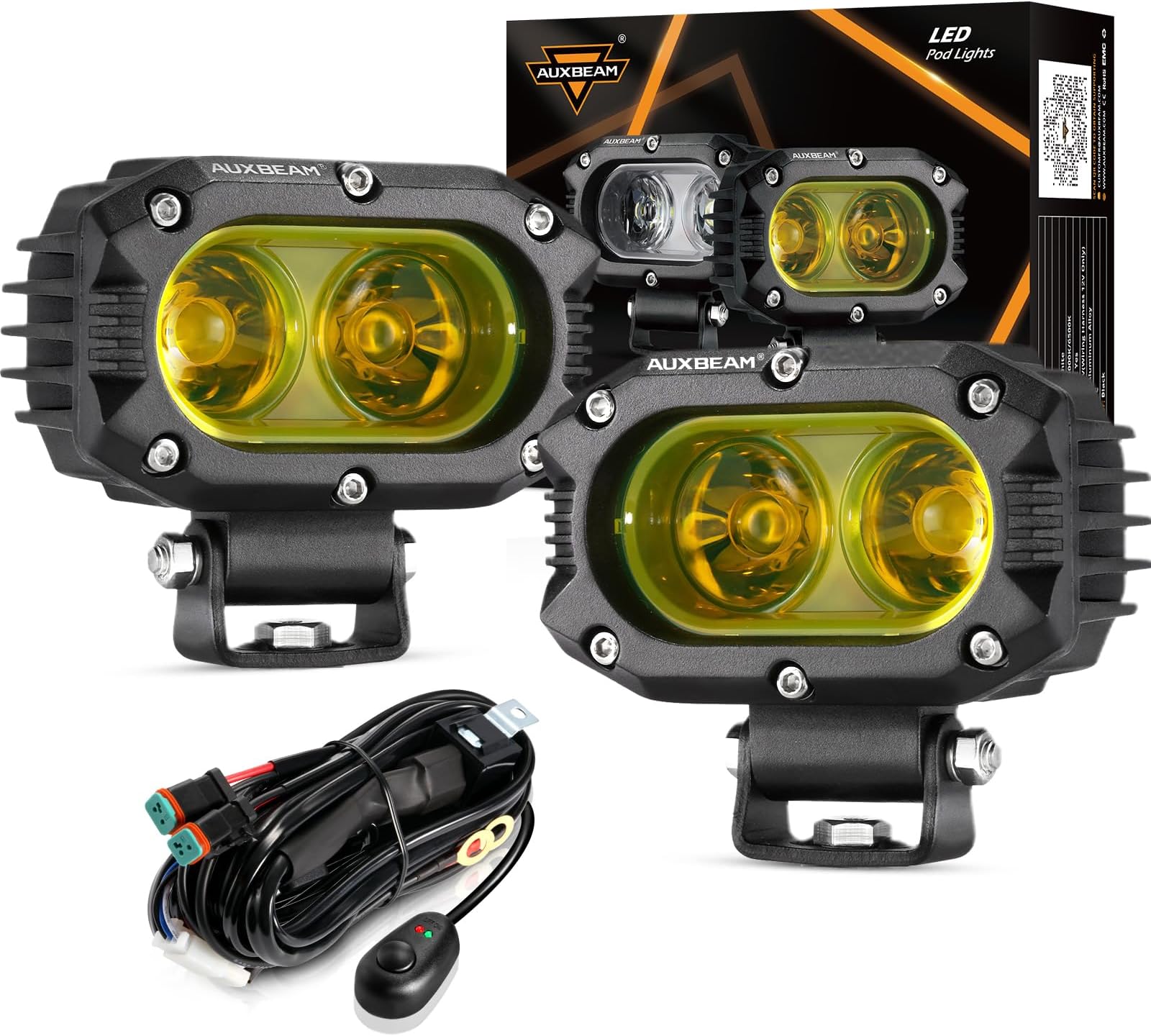 Auxbeam 4 Inch LED Amber Pod Light, 60W Driving Yellow Flood Beam Square Pod Fog Lights with DT Wiring Harness for Motorbike SUV ATV Truck Jeep Boat Tractor Forklift (2 Pcs)