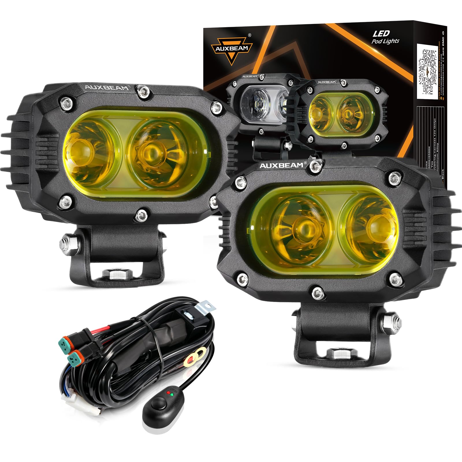 Auxbeam 4 Inch LED Amber Pod Light, 5050 Driving Light 60W Yellow Flood Beam Square Pod Fog Light with DT Wiring Harness for Motorbike SUV ATV Truck Jeep Boat Tractor Forklift (2 Pcs)