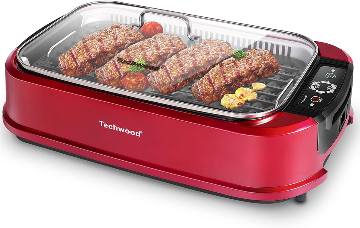 Smokeless Indoor Grill, Techwood 1500W Electric Grill Portable Korean Grill Non-Stick Grill Plates with Temperature Control, Removable Drip Tray, Tempered Glass Lid, Dishwasher-Safe
