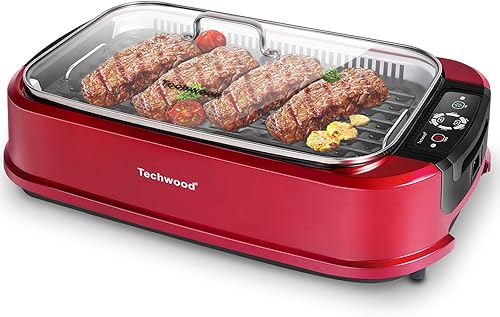 Miniatura 12 de Parrilla para interiores, Techwood 1500W sin humo con tapa de vidrio templado, parrilla eléctrica compacta y portátil antiadherente con control de 6