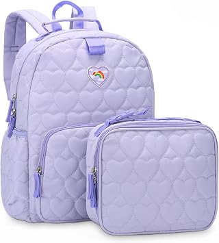 Chase Chic Toddler Backpack for Girls, Puffer Cute Lightweight Preschool Backpack with Lunch Box Set for Daycare Travel Kids Age 3-6,Purple Heart