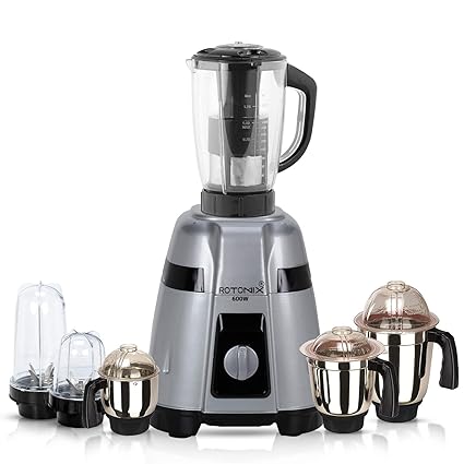 Rotomix GLYGSA21 600Watts Mixer Juicer Grinder with 6 Jars (1 Juicer Jar, 2 Bullets Jar, 1 Liquid Blending Jar, 1 Dry Grinding Jar and 1 Chutney Jar) - Grey