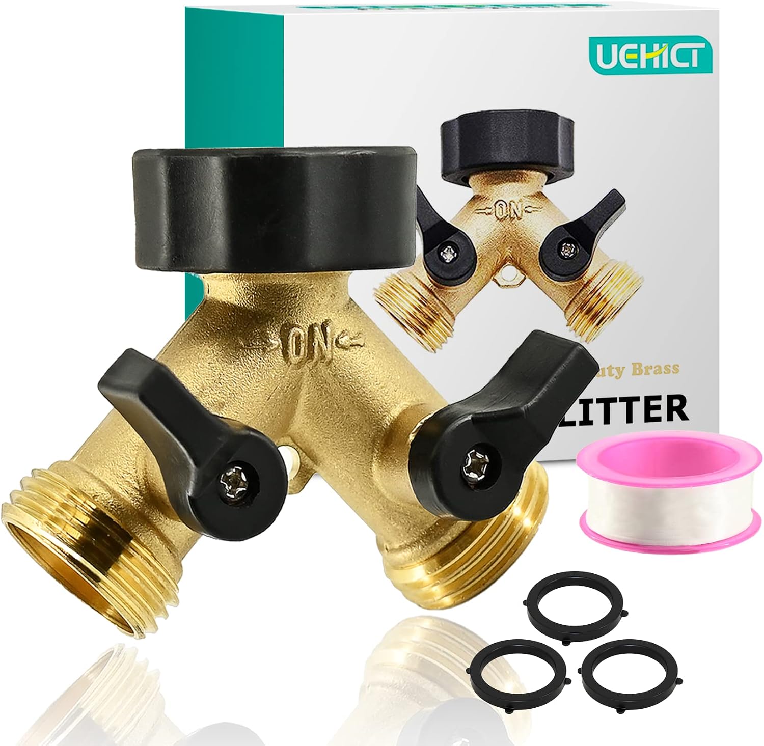UEHICT Garden Hose Splitter 2 Way Heavy Duty - Water Hose Splitter Solid Brass Garden Hose Y Splitter, Hose Bib Splitter Outdoor Faucet Splitter Y Connector for Garden Hose with Two Shut-Off Valves