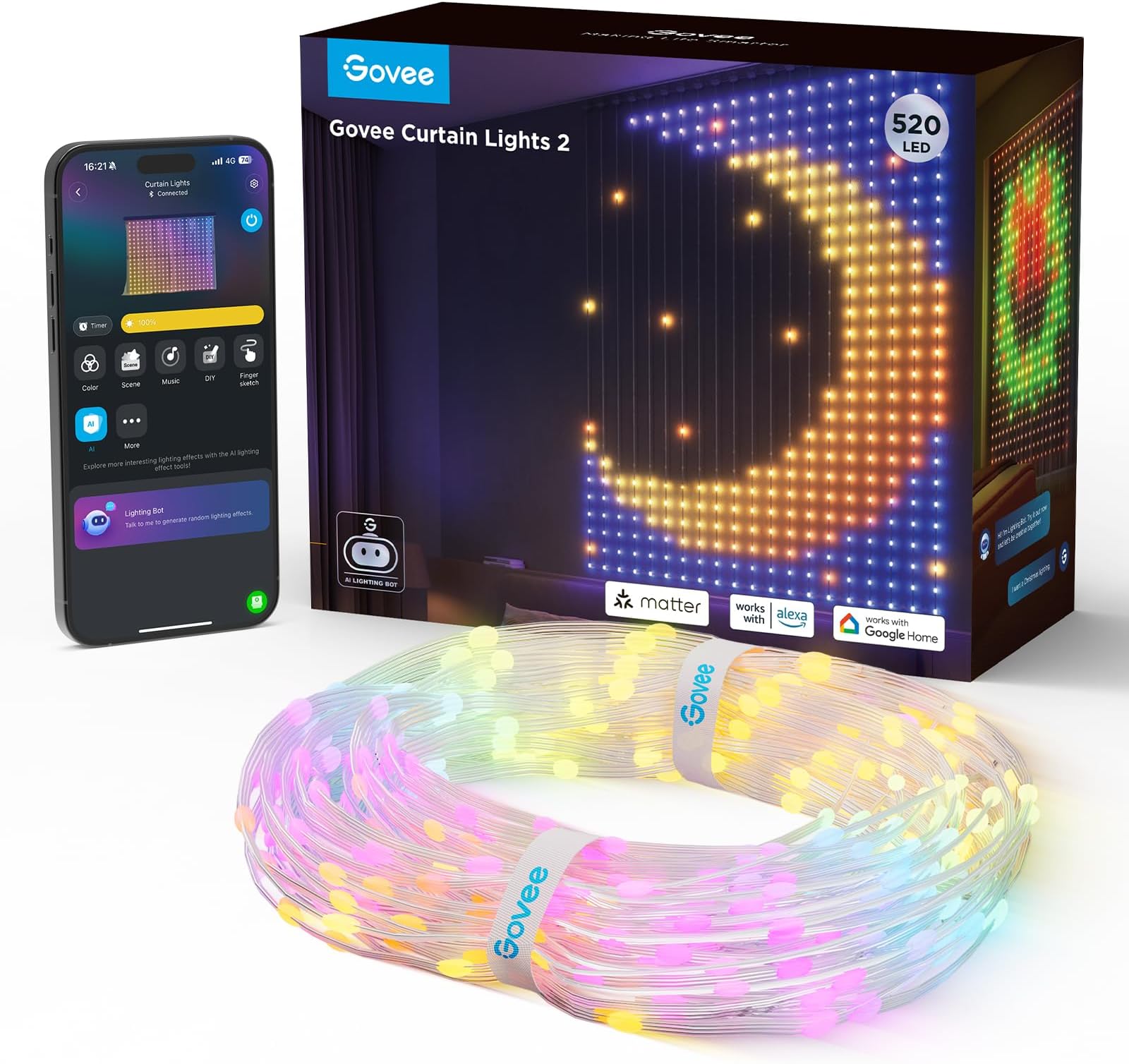 Curtain Lights 2, 520 LEDs, Smart LED Curtain Light with DIY GIF AIGC, Non-Splicable, RGBIC Color Changing Holiday Lights for Indoor Outdoor Bedroom Window Decor, IP65 Waterproof, 4.9×6.6ft