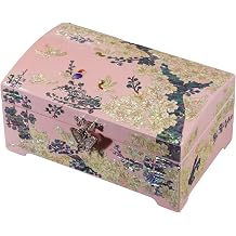 Oriental Lacquer Jewelry Box With, Inlay | Pink Finish, Butterfly Lock, Clear Glass Top | Handcrafted Asian Art For Jewelry Storage