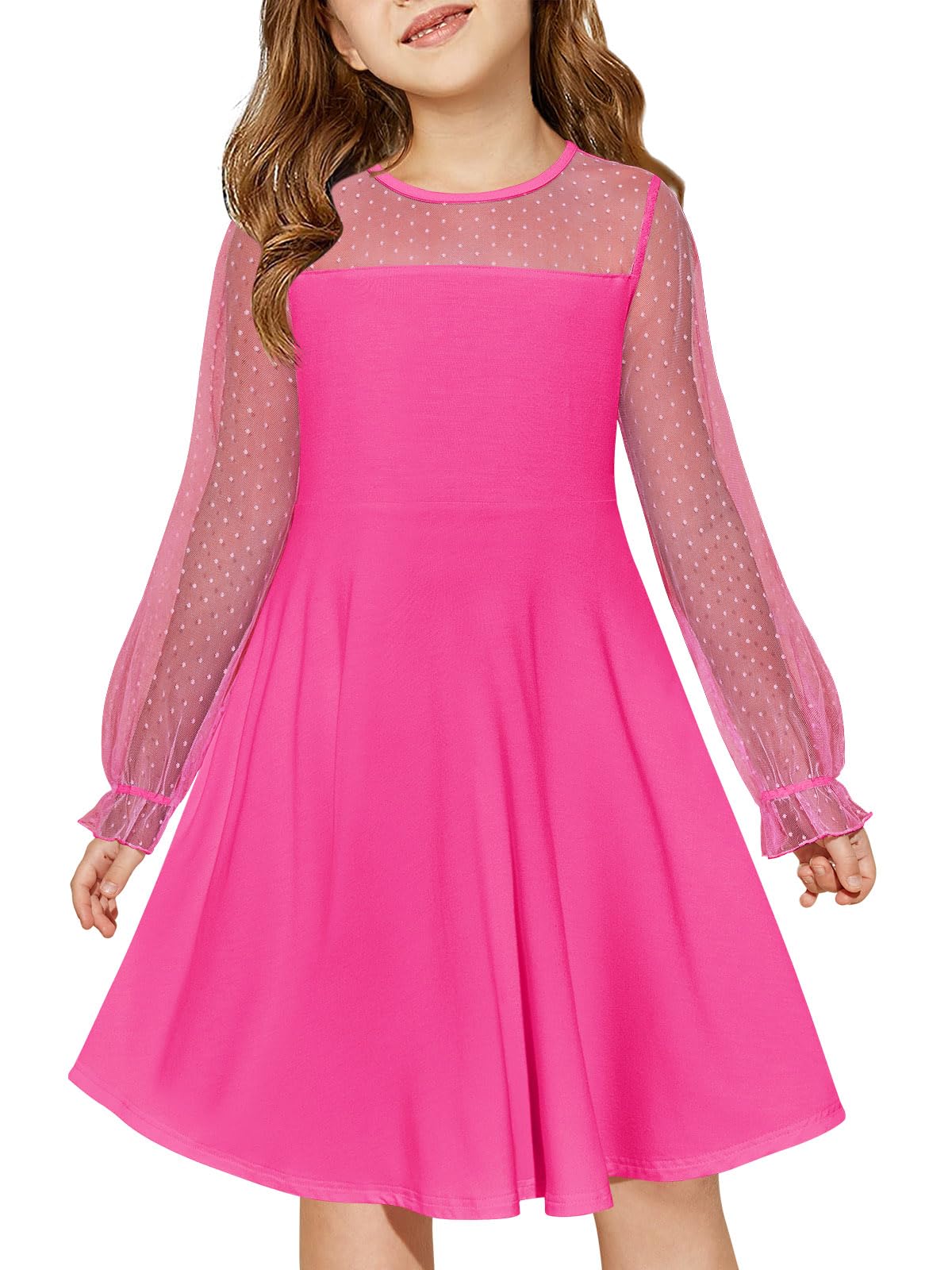 Haloumoning Girls Contrast Mesh Long Sleeve High Waist A Line Short Dress with Pockets 4-14 Years