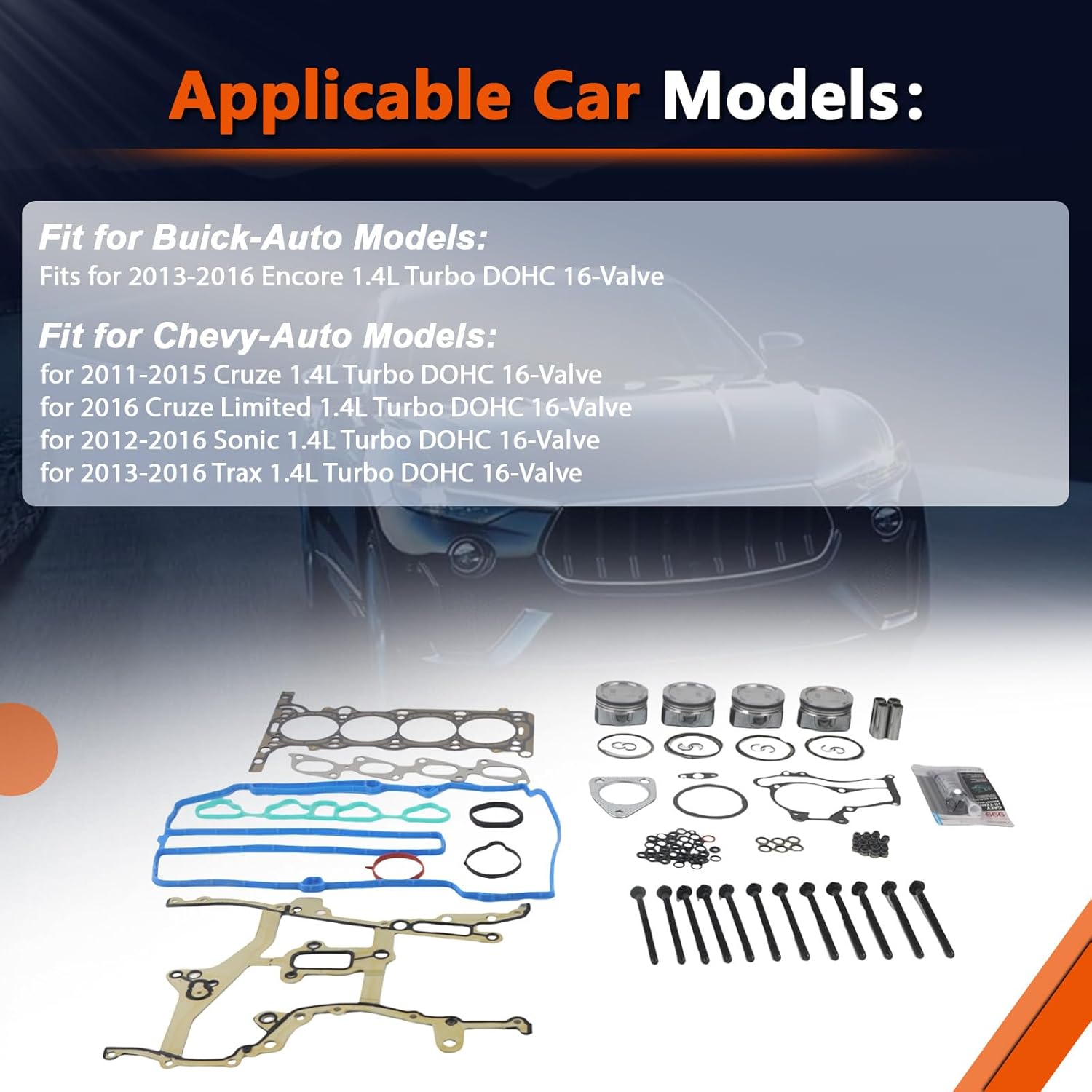 Cylinder Head Gasket Bolts Set & Pistons + Intake & Exhaust Valve Fits for 2013-2016 Encore 1.4L, for 2011-2015 Cruze 1.4L,for 2013-2016 Sonic/Trax 1.4L Turbo DOHC 16-Valve Engine