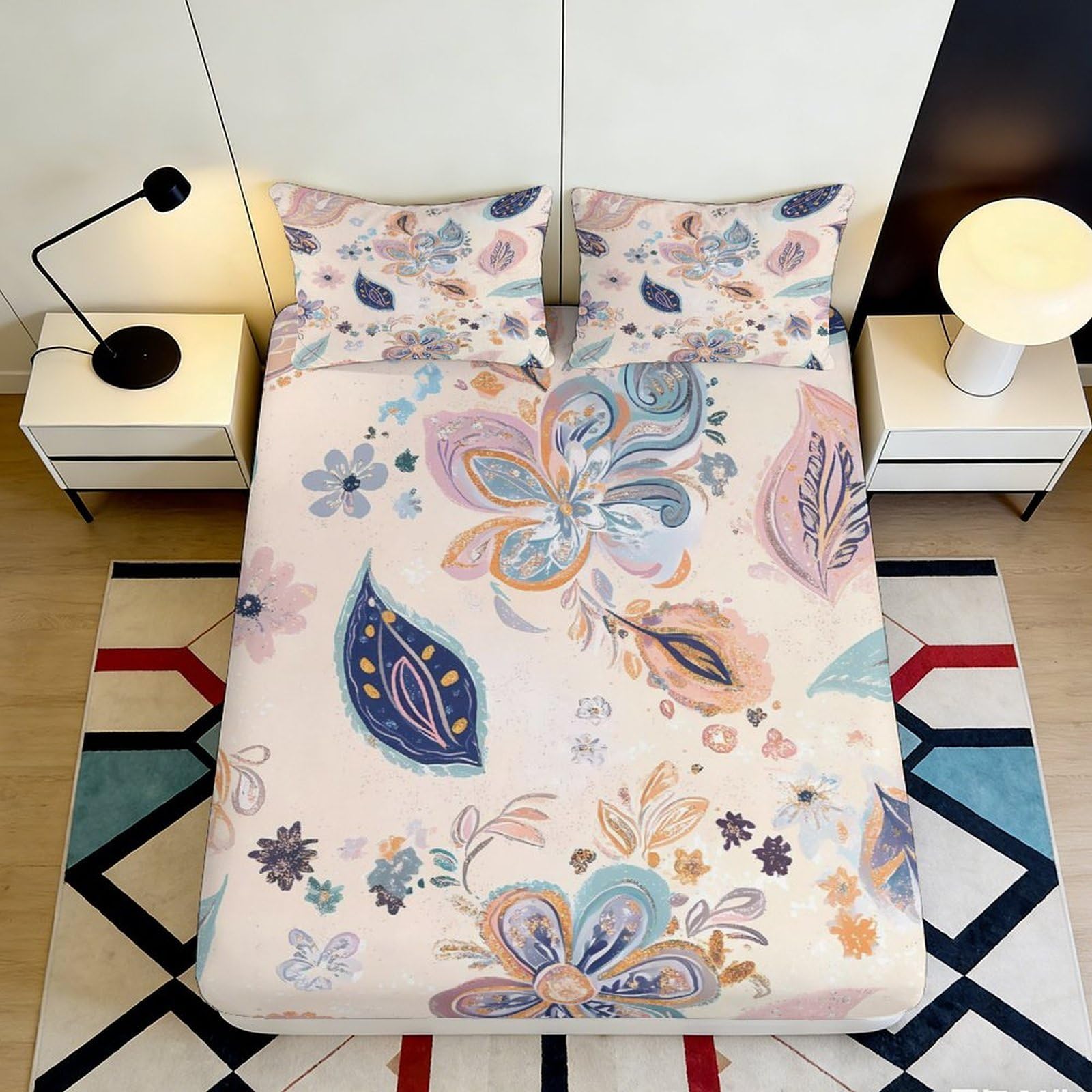 3D Printed Floral Botanical Fitted Sheet Microfiber Soft Breathable Pastel Leaves Mattress Cover for Bedroom Guest Room Decor 90x200x25cm