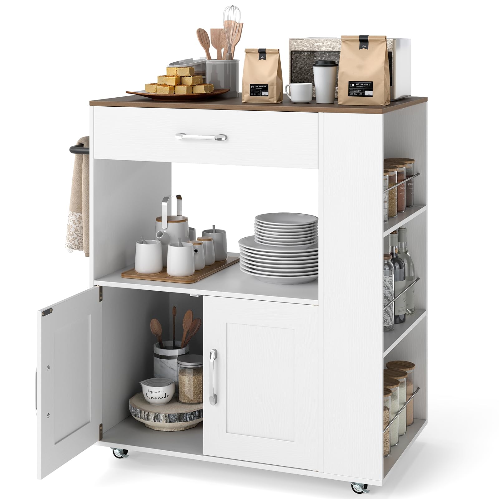 GOPLUS Desserte à roulettes, Chariot Cuisine Rangement avec Placard, Armoire, Support à Épices 3 Niveaux et Porte-Serviettes, Meuble Rangement pour Cuisine, 82 x 50 x 92 cm (Blanc+Brun, Moderne)