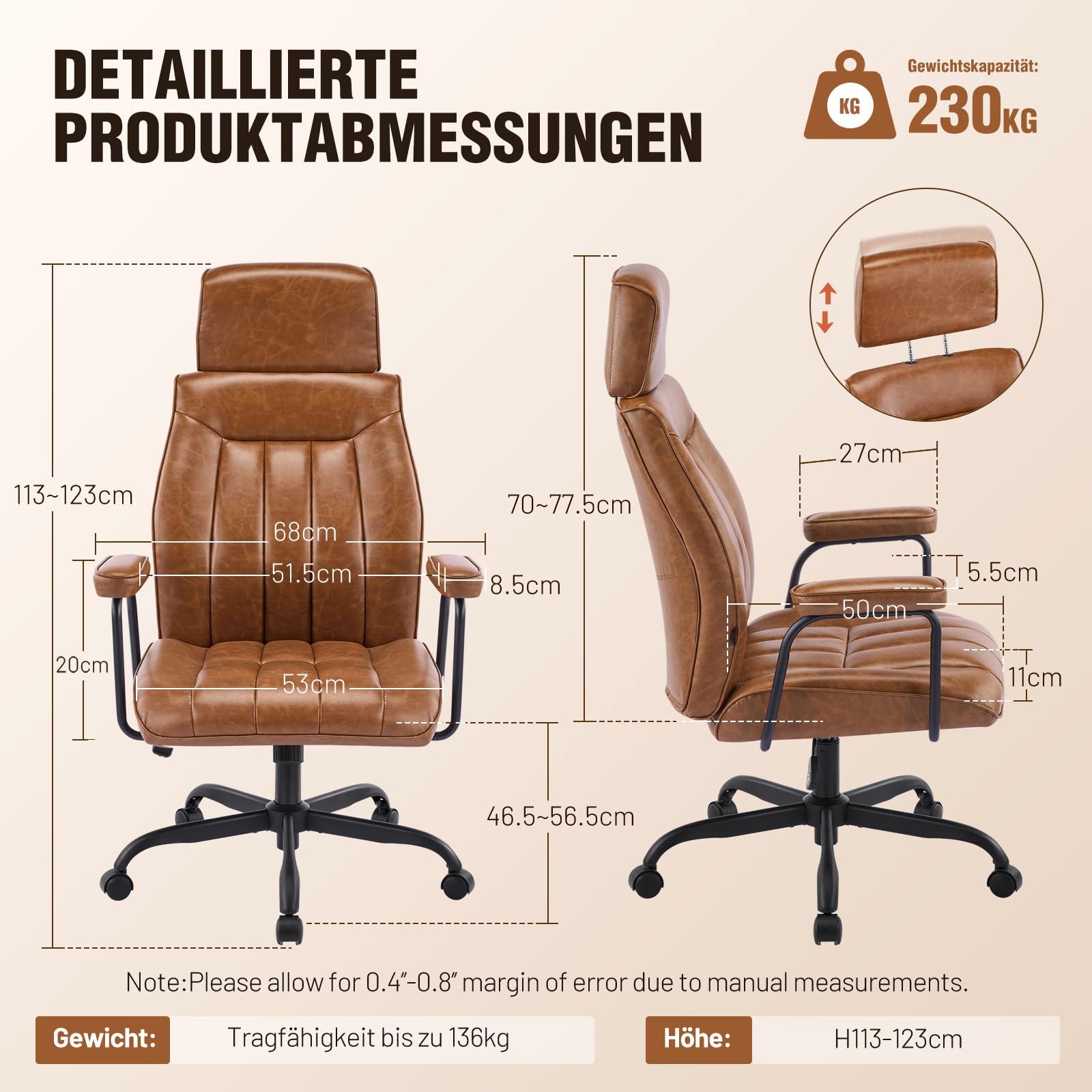 Bürostuhl Ergonomisch, PU Leder Chefsessel mit Verstellbarer Kopfstütze, Schreibtischstuhl mit Gepolsterter Armlehnen und Höhenverstellbar, Neigefunktion, Drehstuhl Mit Rollen, Braun