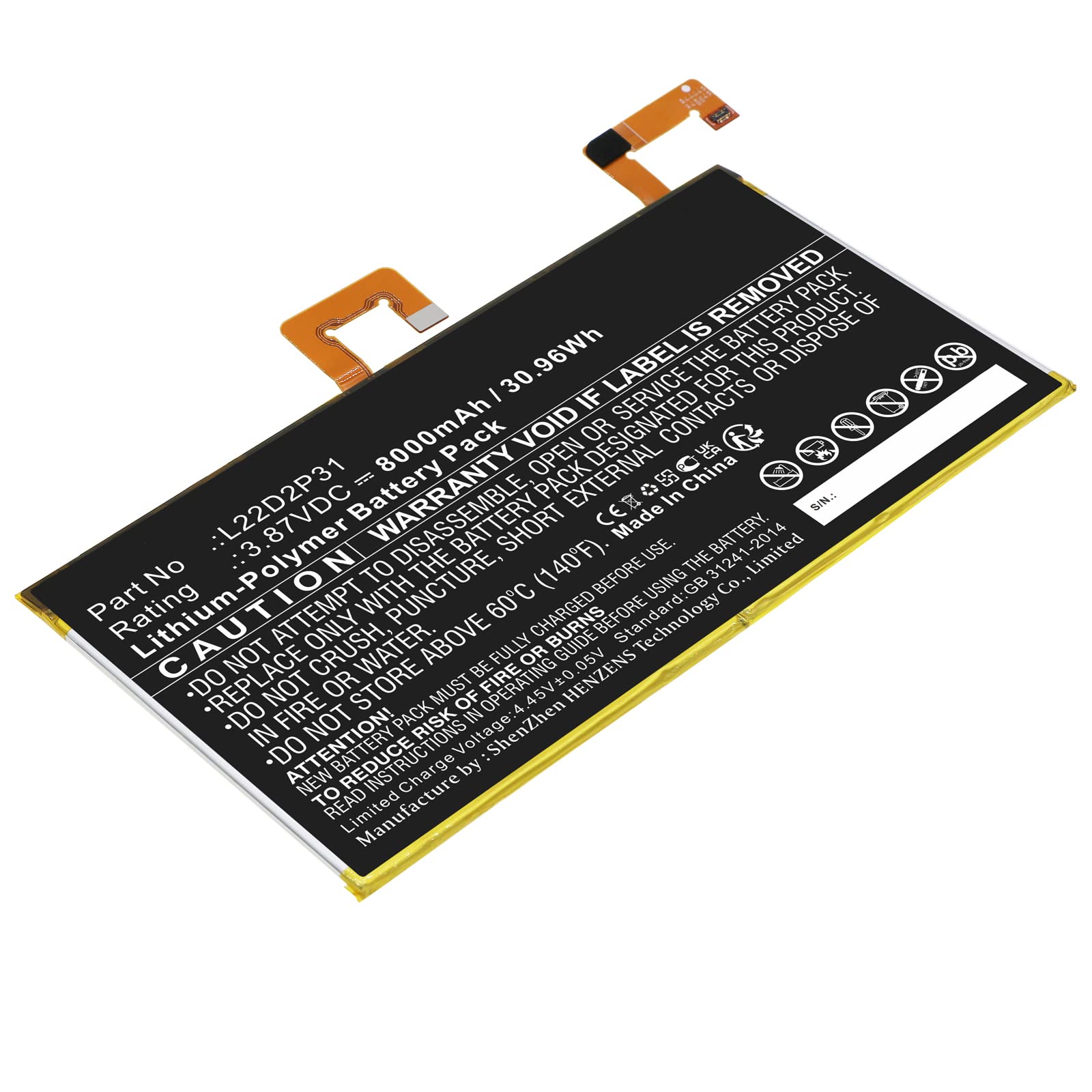 Synergy Digital Tablet Battery, Compatible with Lenovo TB132F Tablet, (Li-Pol, 3.87V, 8000mAh) Ultra High Capacity, Replacement for Lenovo L22D2P31 Battery