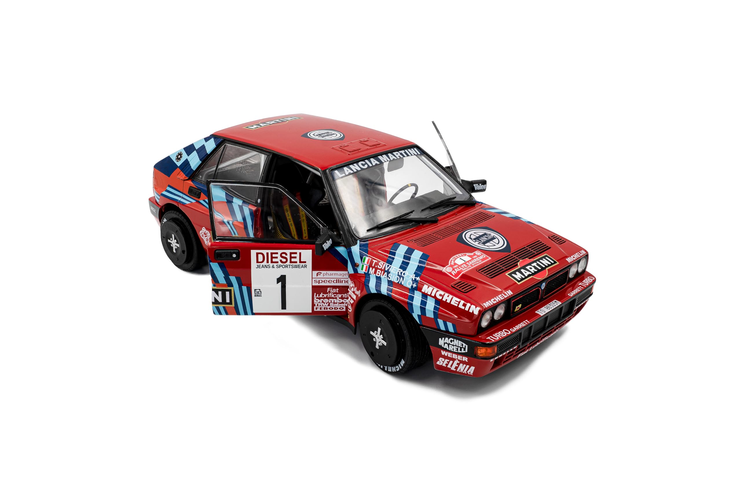 Solido Lancia Delta HF Integrale #1 - Veicolo da Rally Leggendario, Numero di partenza, Grafica, Doppio Faro Rotondo, Diecast Modello, Rosso, 1:18
