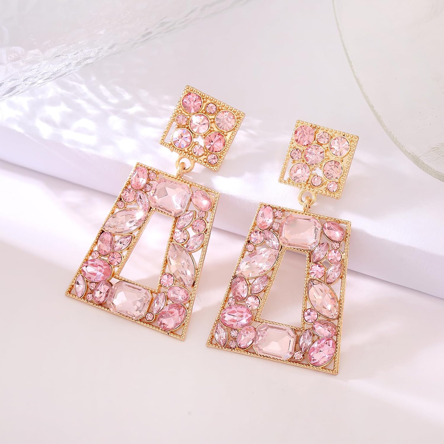 Rhinestone Rectangle Statement Earrings Colorful Crystal Geometric Drop Dangle Earrings for Women Prom Party - Image 4