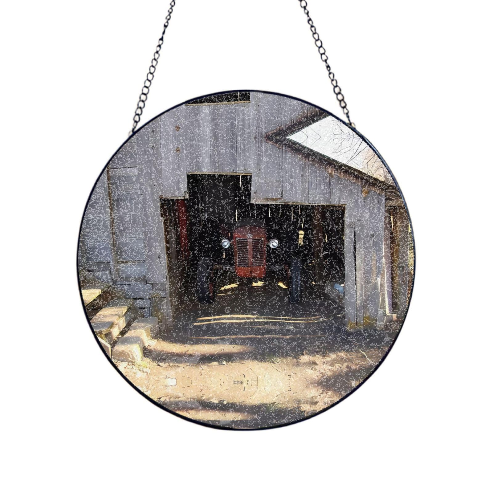 Poezjzw Stained Glass Window Hanging - Old Wooden Barn With Rusted Tractor Sun Catcher For Door Garden Home Decor Christmas Mother'S Day Birthday Gifts 8in（20cm）