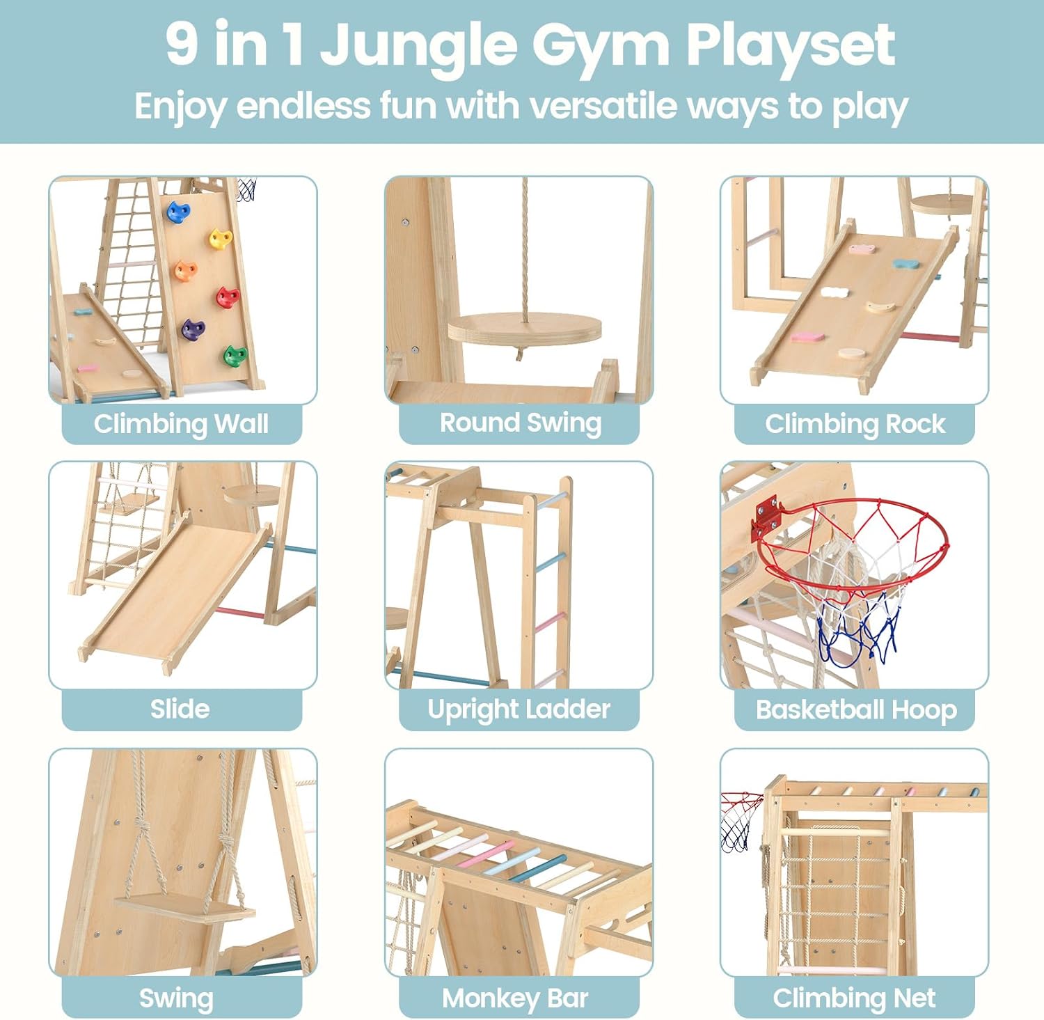 OLAKIDS Indoor Jungle Gym, 9 in 1 Wooden Montessori Baby Climbing Toys with Adjustable 2 Swings Ramp, Monkey Bar Basketball Hoop Ladder Climb Net (Natural)