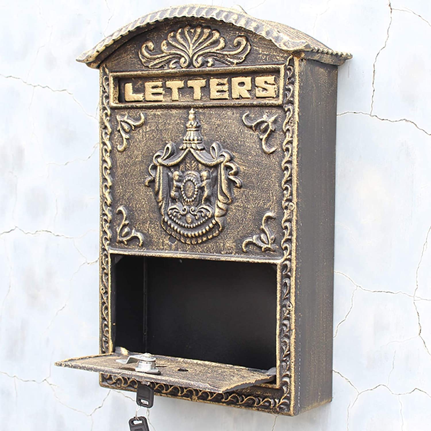 Buzones de Correos de Hierro de Hierro de Montaje en Pared de Bronce, Caja de Correo de Letras seguras de Estilo Europeo con Cerradura y Llave