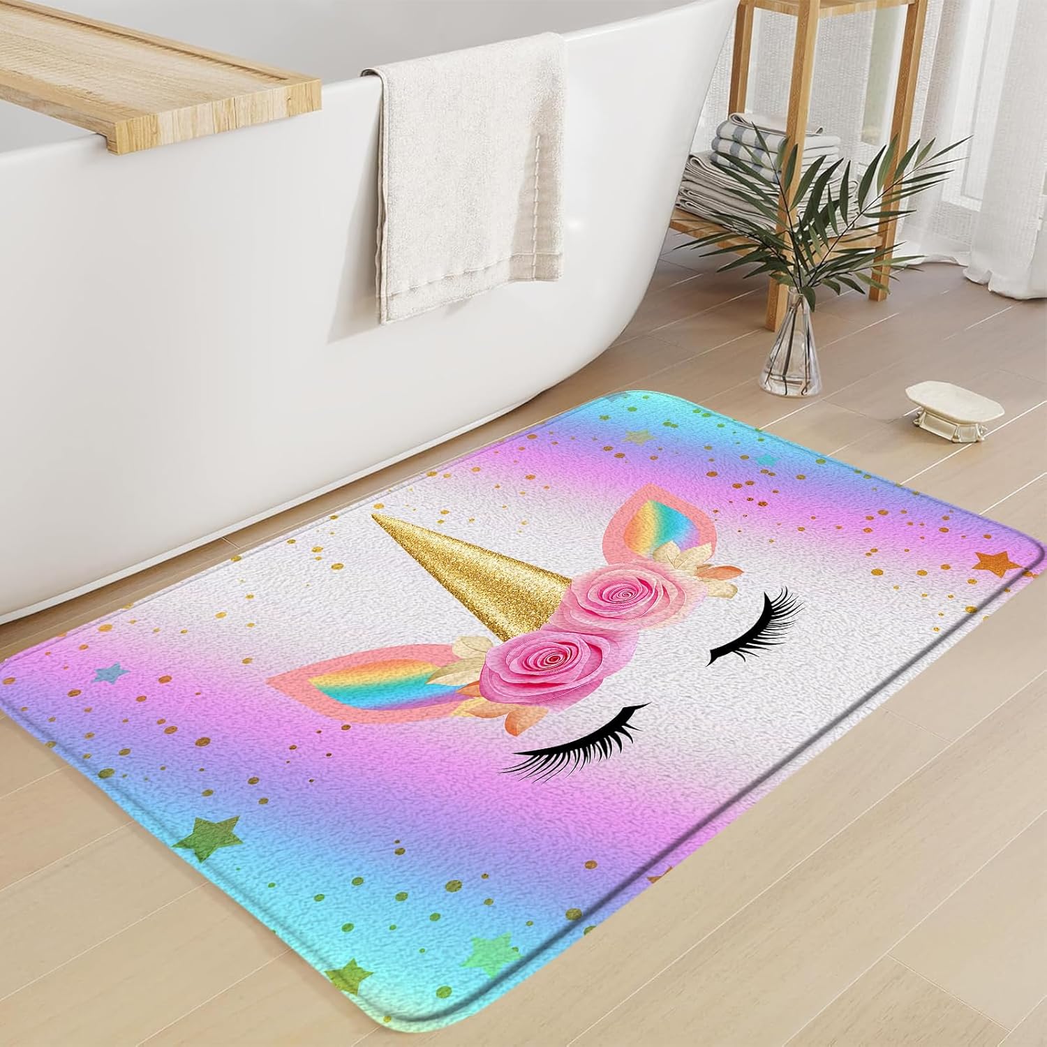 Unicorn Bath Mat Pink Cartoon Magic Head Flower Shiny Star Rainbow Funny Lovely Girls Cute Bathroom Floor Decor Rug for Shower Buthtub,24x60 Inch