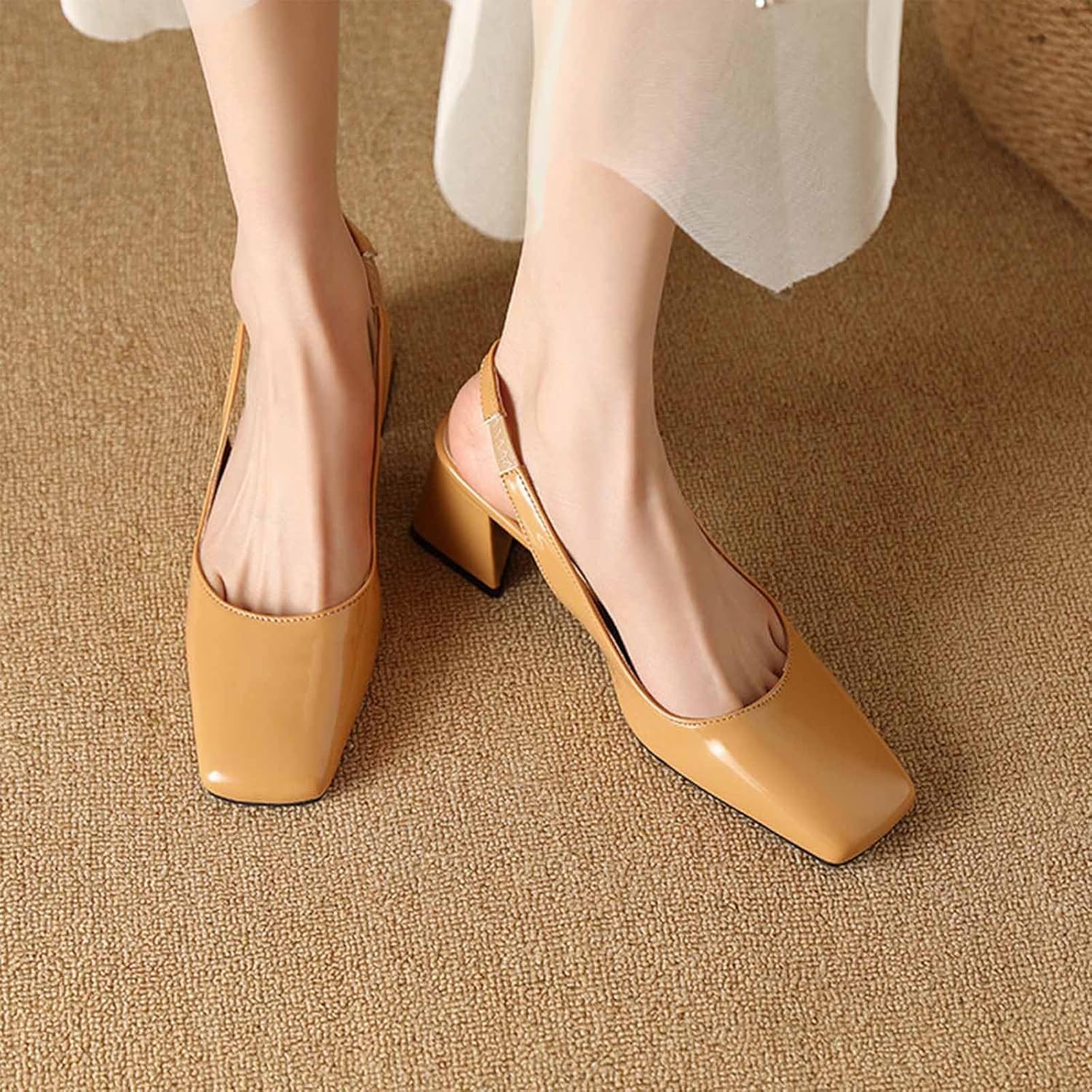 Women's Patent Leather Chunky Heels Slingback Pumps Fashion Closed Square Toe Elastic Buckle Block Heel Sandals Slip On Party Dress Work Shoes - Image 4