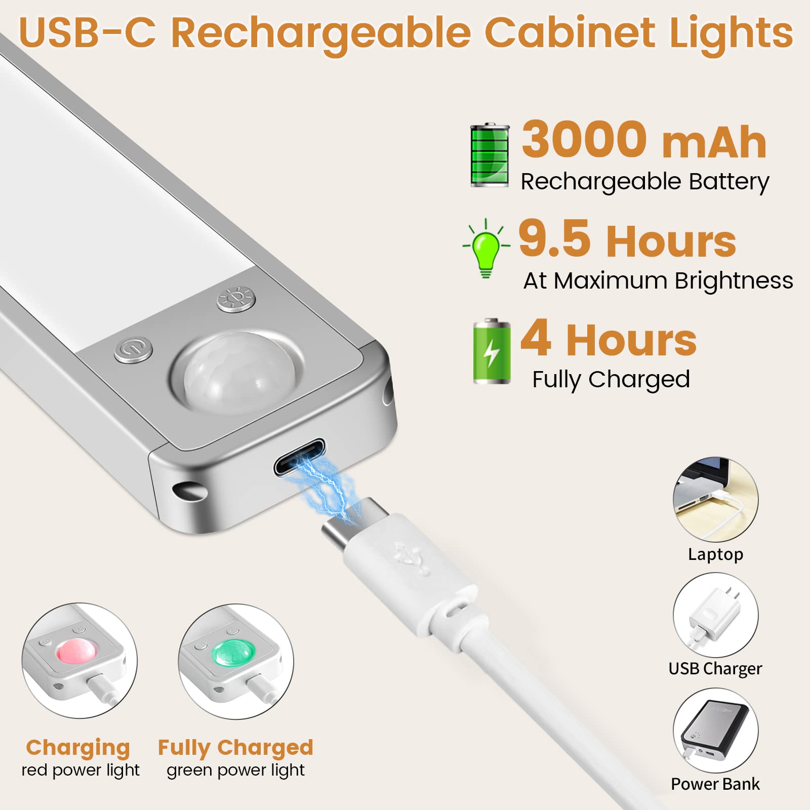 2 Lampada LED Ricaricabile Con Sensore Di Movimento, Luce Sottopensile Con Display Illuminazione A 3 Toni Lampada Da Parete Nera 2000 Mah 93003634