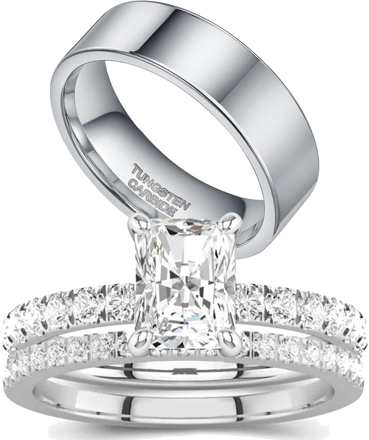 1CT Square CZ Wedding Ring Set for Women & Men Yellow Gold Plated Bridal Couple Rings Tungsten Ring Wedding Band